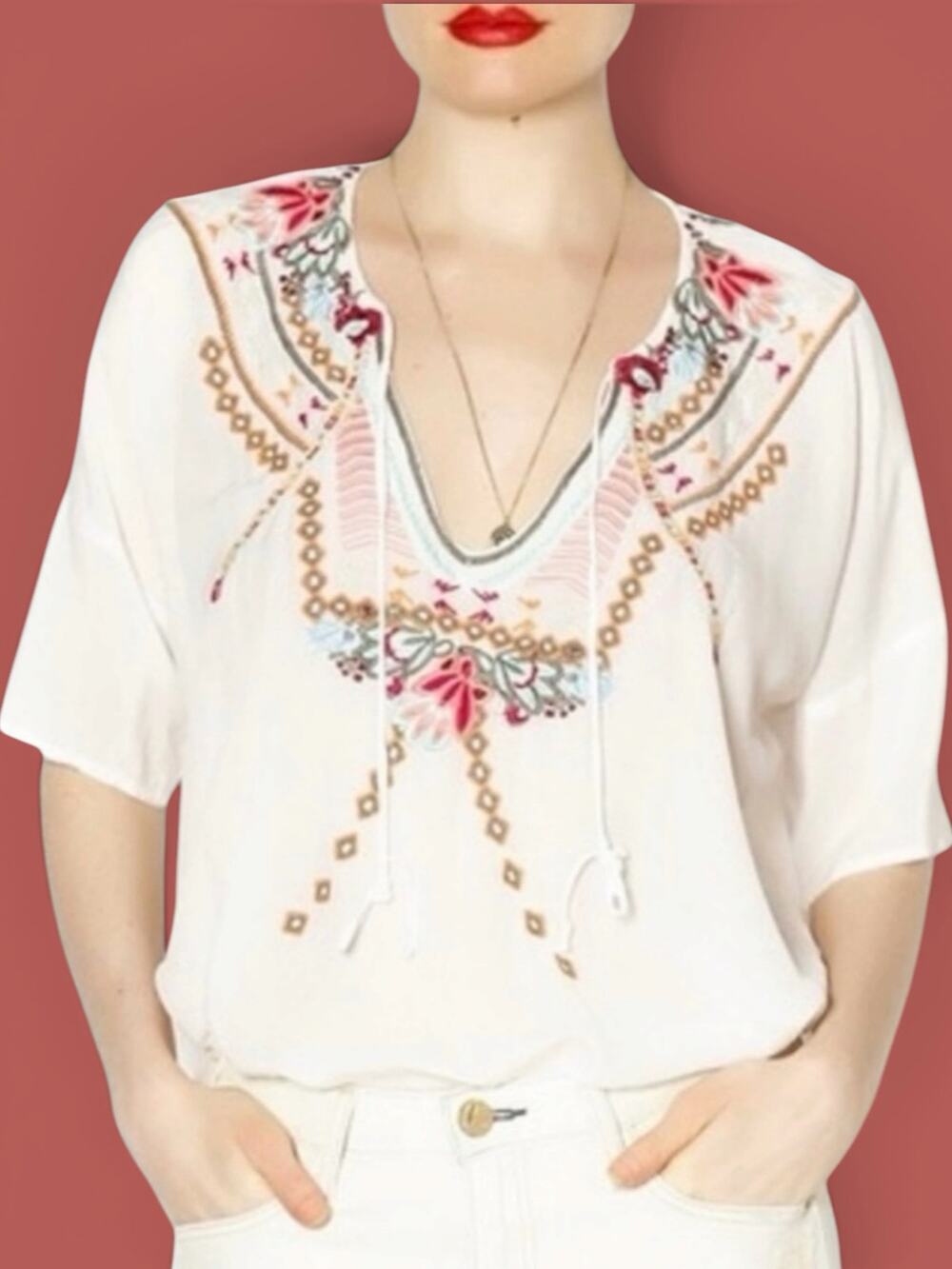 Johnny Was Biya Ivory Embroidered Silk Blouse